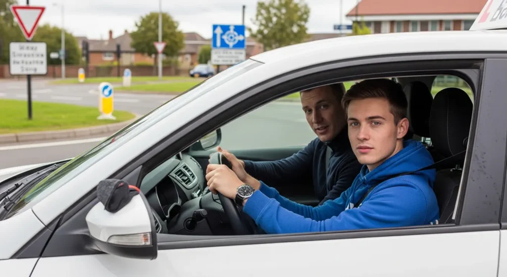 UK learner driver in driving lesson with instructor in dual-control car on city road
