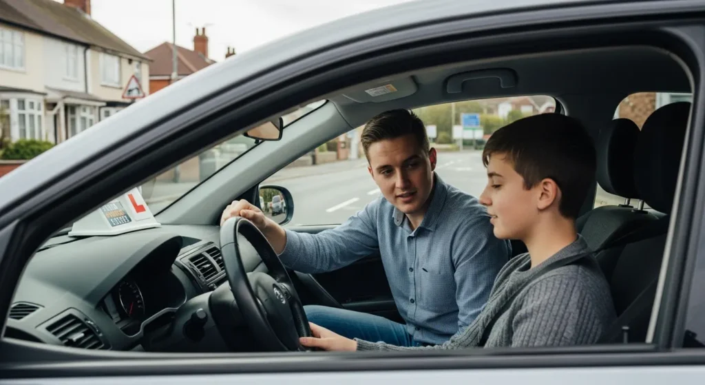 Learner driver taking lesson with instructor in car on Stoke on Trent street.