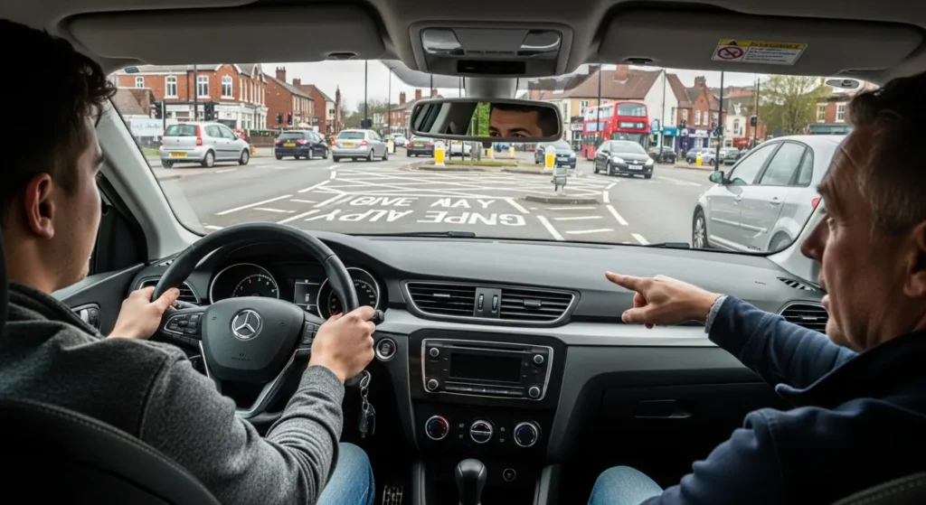Learner driver navigating a busy Stoke-on-Trent roundabout during driving lesson