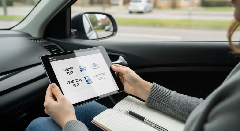 Learner reviewing driving test costs on phone inside car with notes and study materials.
