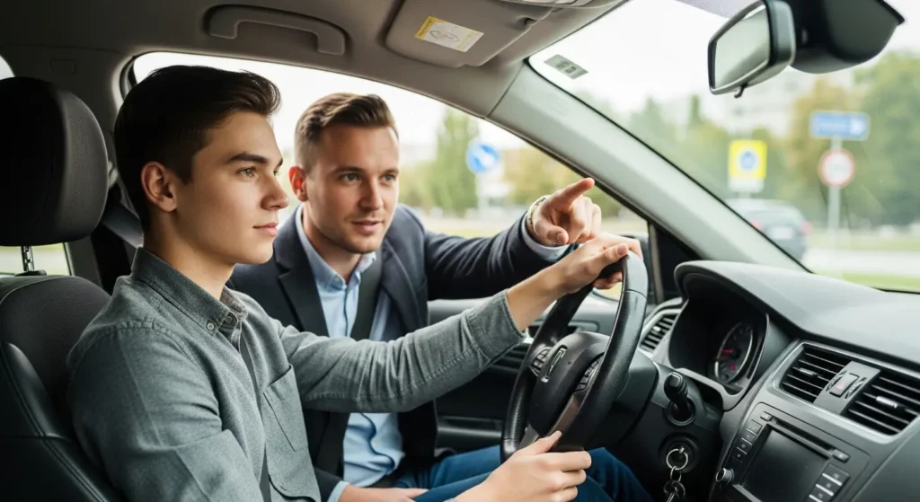 Learner driver taking lesson with instructor in car on city road during driving practice.