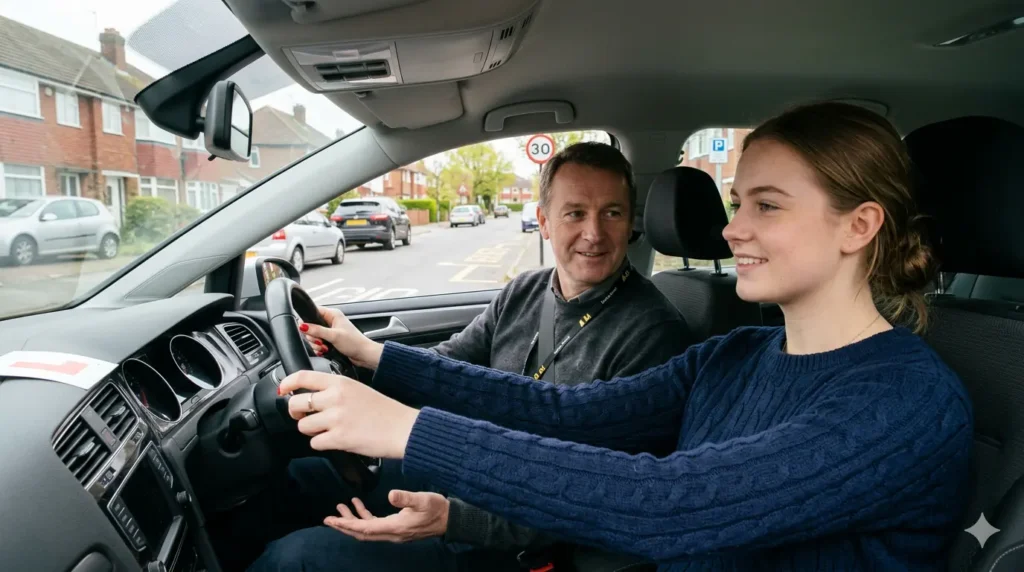 Learner driver with instructor during UK driving lesson learning safe driving skills