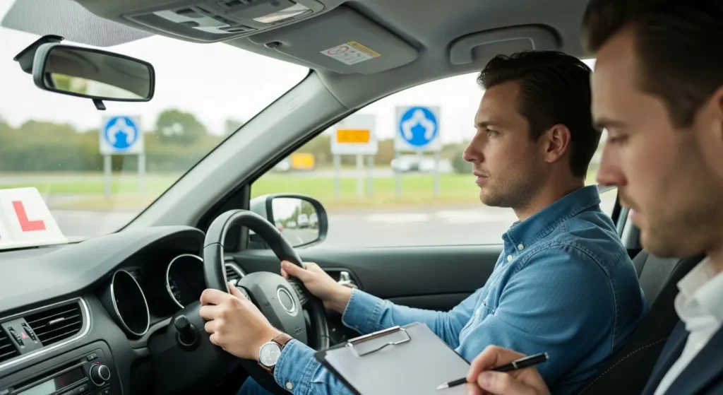 Learner driver in mock test with instructor noting mistakes in UK driving lesson.