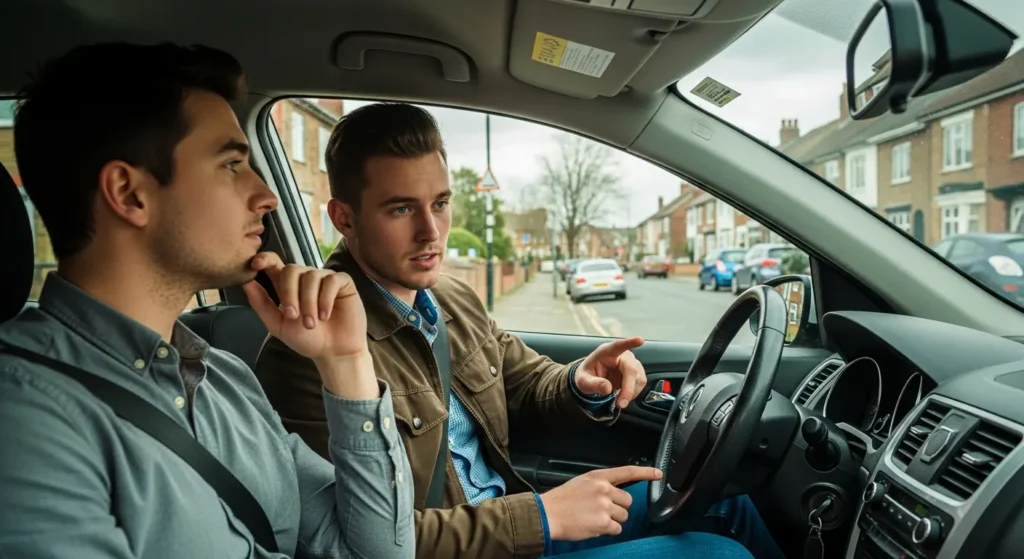 Learner in automatic car with instructor on UK road thinking about driving choices