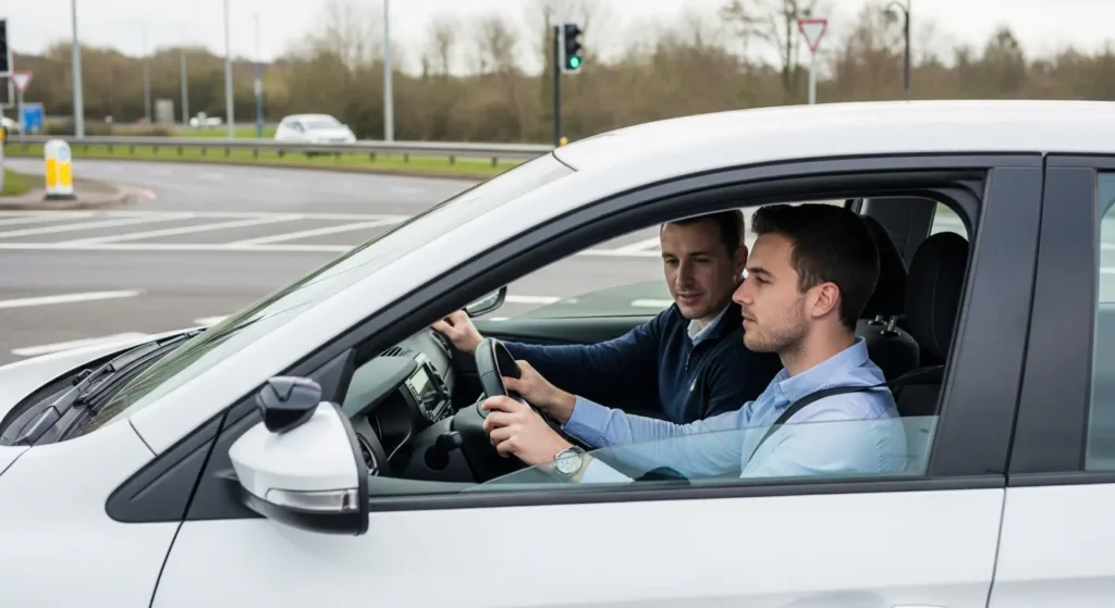 New driver learning advanced driving with instructor in UK car on road training session.