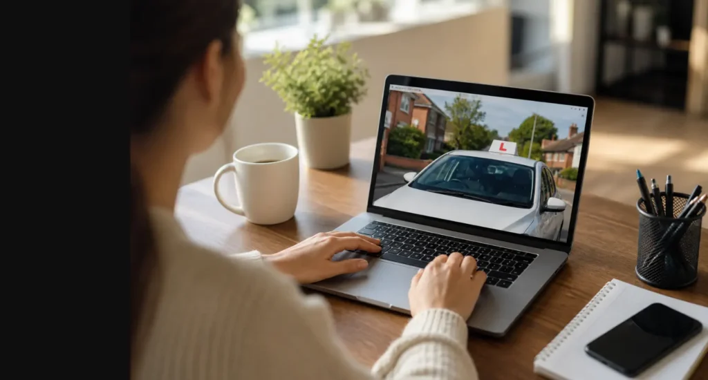 Person booking driving lesson online on laptop with learner car visible on screen
