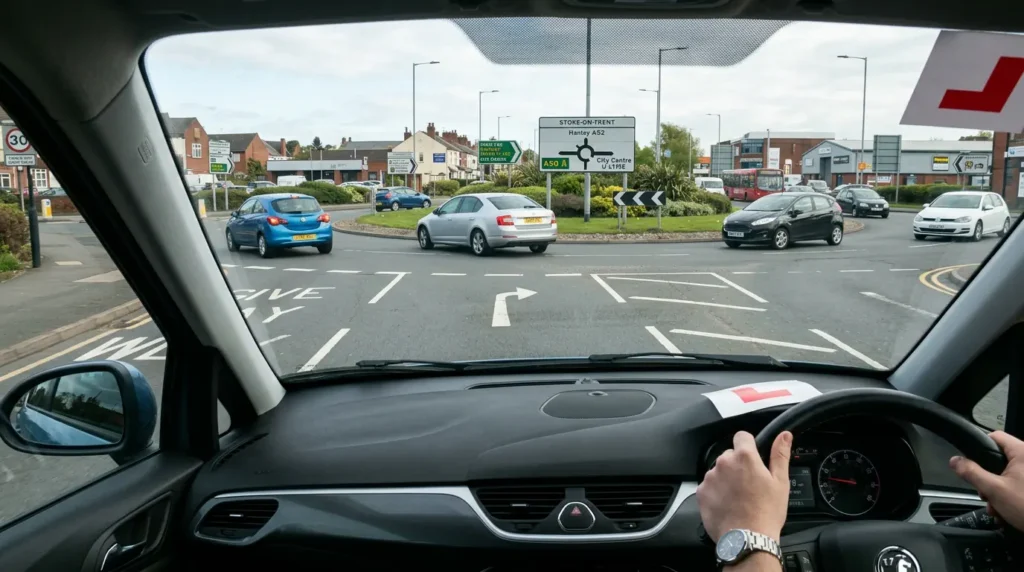 Learner driver approaching busy multi-lane roundabout in Stoke-on-Trent traffic scene