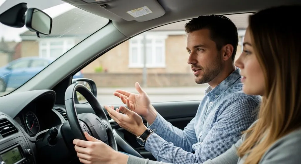 Driving instructor explaining clearly to learner during calm UK driving lesson